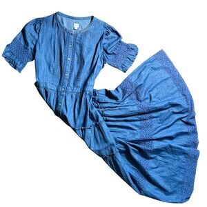 Gap x LoveShackFancy Blue Denim Maxi Dress Eyelet Lace Tiered Button Front Small